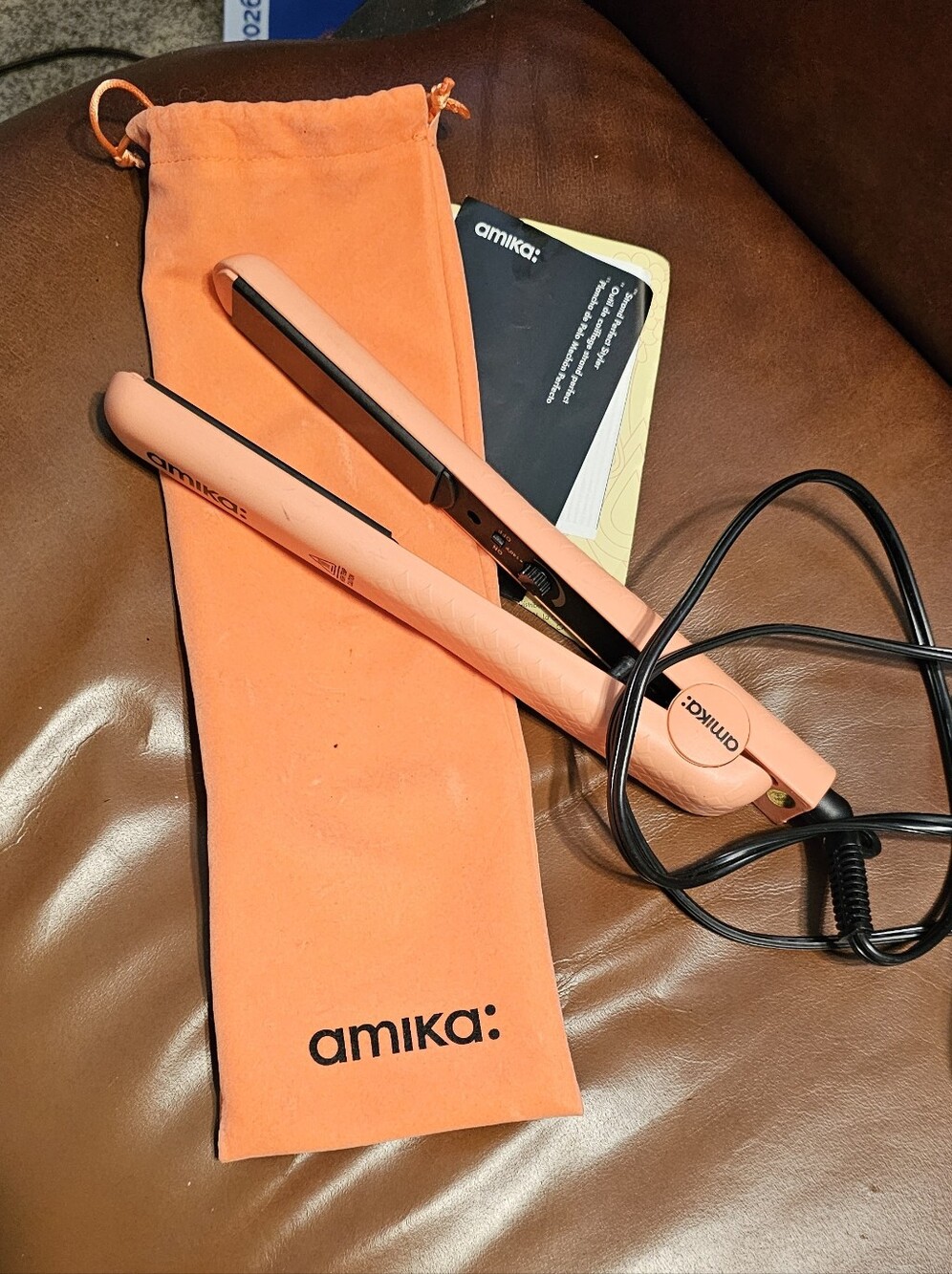 amika Coral Pink Ceramic Flat Iron with Matching Heat Sleeve